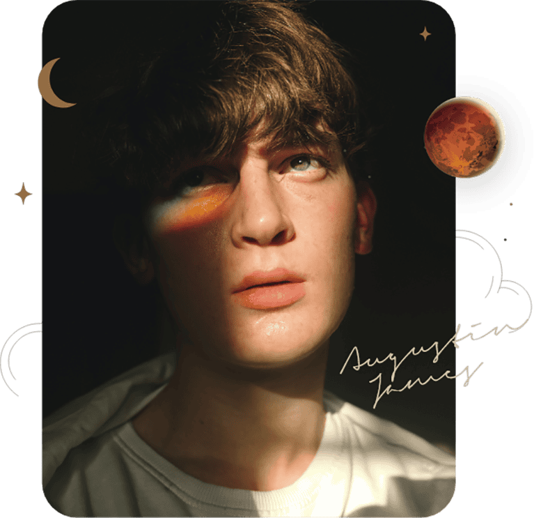 Aesthetic portrait of young man with celestial background and sunlight streaks, capturing dreamy, artistic vibe for fashion or lifestyle branding.