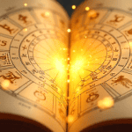 Astrological zodiac wheel with glowing heart-shaped center and sparkling lights.