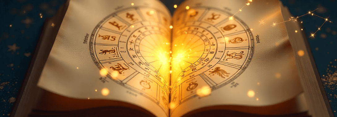 Astrological zodiac wheel with glowing heart-shaped center and sparkling lights.