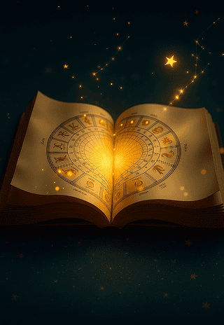 Astrological heart with zodiac signs glowing inside an open book on a dark starry background.