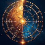 Golden zodiac compass with celestial background, symbolizing astrology and cosmic guidance.