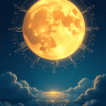 Full moon shining brightly over clouds with celestial clock overlay for lunar phases.