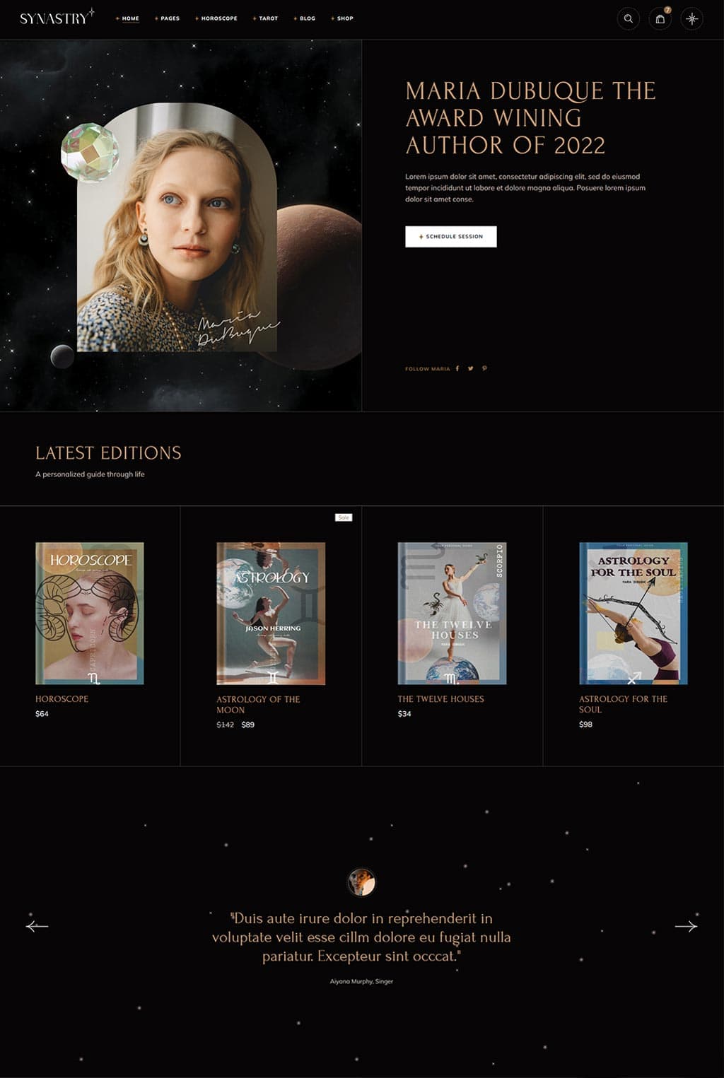 A woman with astrology-themed background, emphasizing astrology, horoscopes, and celestial guides on Raahni website.