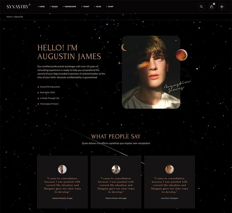 Raahni-astro-website-cosmos-background-astrologer-profile | Astrologer Augustin James profile with cosmic background for SEO.