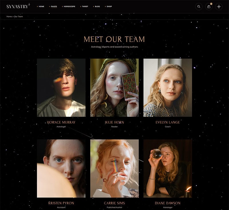 Astrology team introduction for Raahni website, featuring astrologers, readers, coaches, and authors specializing in horoscopes and tarot.