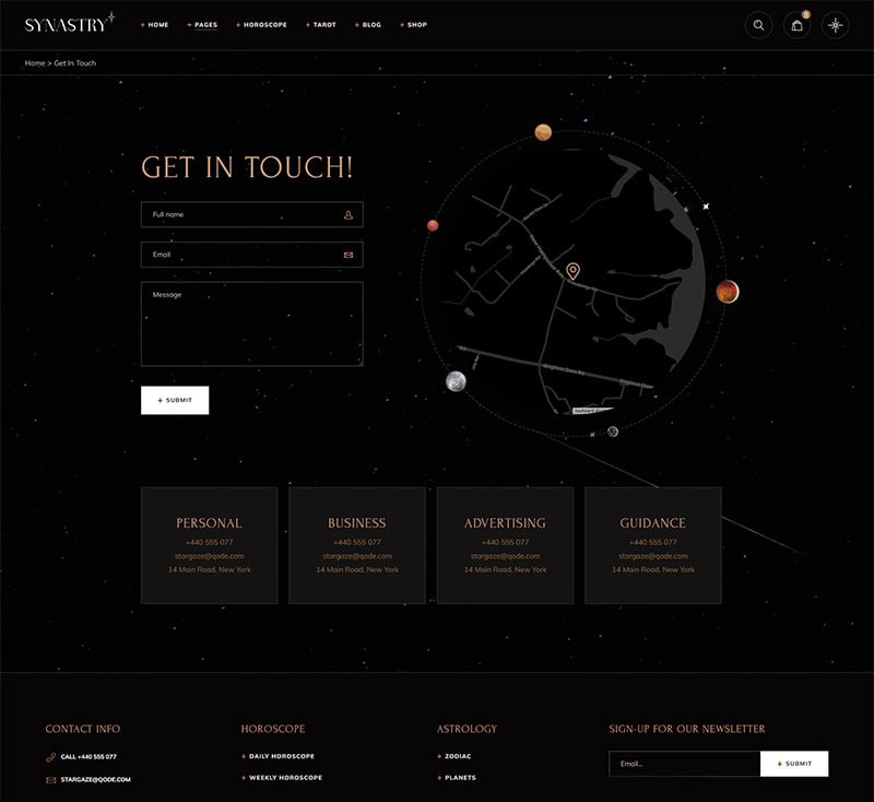 Astrology consultation contact form with zodiac and planetary insights on a starry night background.