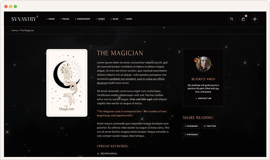 Mystic tarot card featuring unicorn, moon, and star symbols for magical divination.