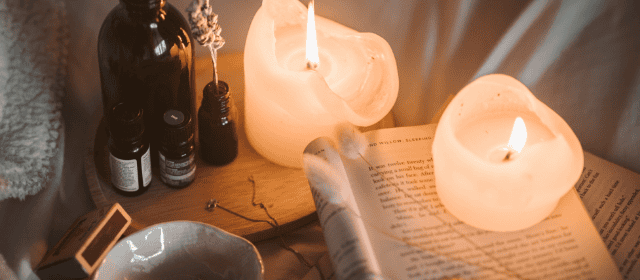 Relaxing spa candles and essential oils for aromatherapy and wellness.