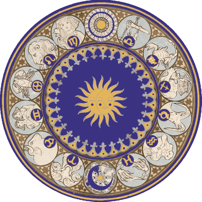 Astrological zodiac wheel with sun and moon symbols, featuring 12 star signs around a vibrant celestial design.