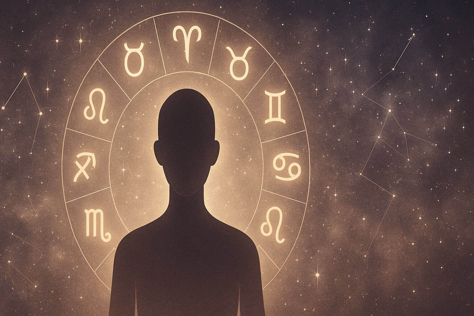 Mystical silhouette of a person with zodiac signs and astrology chart in the background.