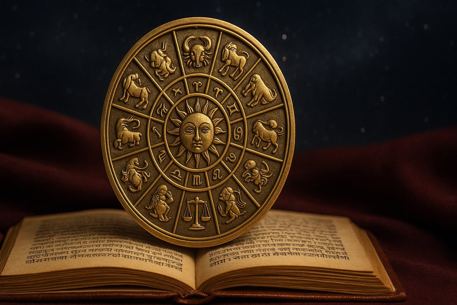 Zodiac astrology coin on open ancient scripture, celestial background, spiritual symbolism, horoscope, mysticism, fortune-telling.