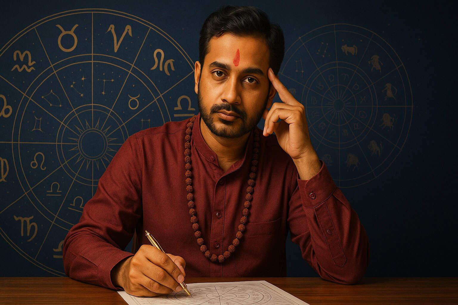 Mysterious astrologer analyzing horoscope chart with zodiac symbols in the background.