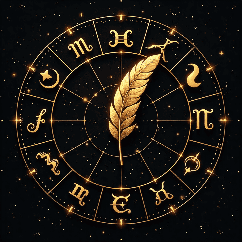 Moonsign astrology wheel with zodiac symbols and a gold feather in the center.