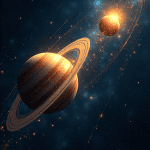 Jupiter and rings of Saturn in deep space with distant stars and planets illuminated by cosmic light.