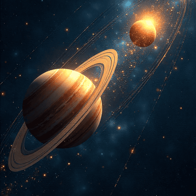 Jupiter and rings of Saturn in deep space with distant stars and planets illuminated by cosmic light.