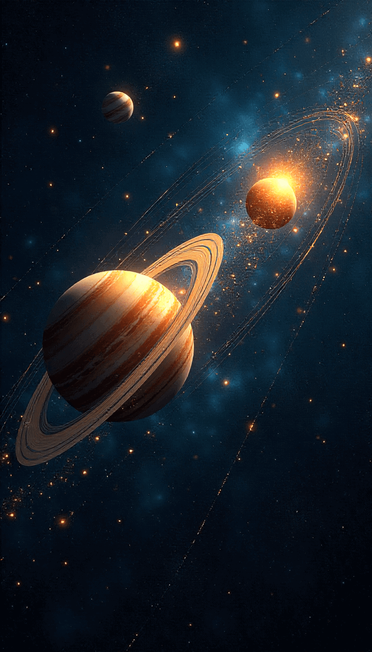 Jupiter and rings of Saturn in deep space with distant stars and planets illuminated by cosmic light.