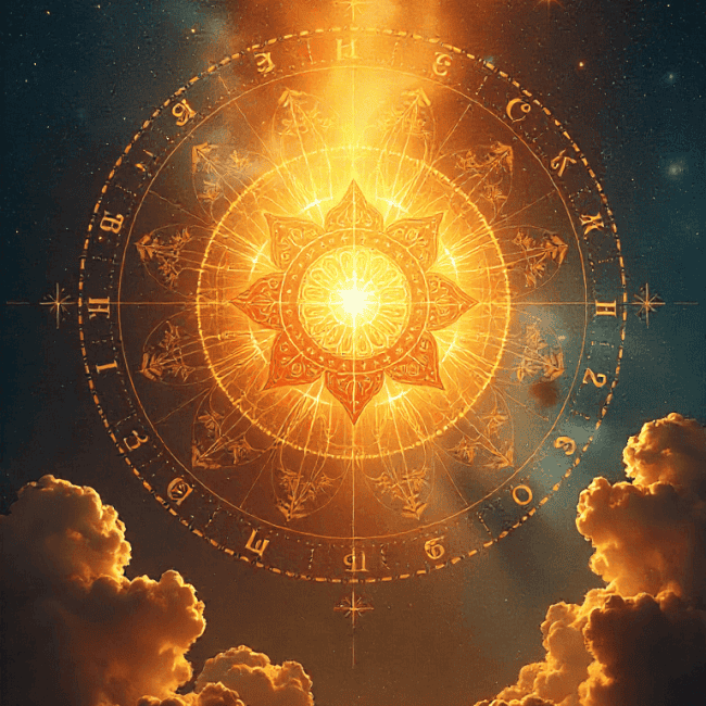 Illuminated cosmic zodiac wheel with fiery sun at the center, surrounded by clouds and stars, symbolizing astrology and celestial energy.