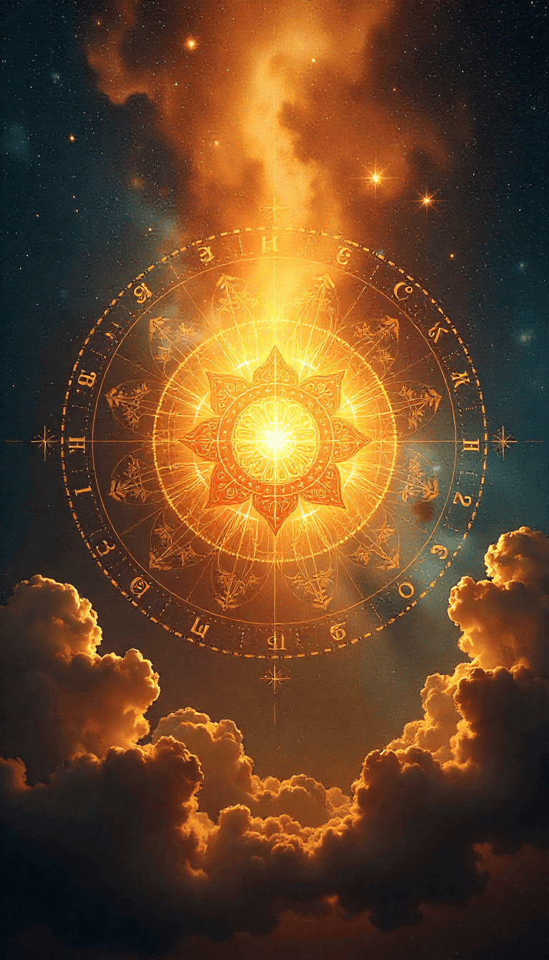 Illuminated cosmic zodiac wheel with fiery sun at the center, surrounded by clouds and stars, symbolizing astrology and celestial energy.