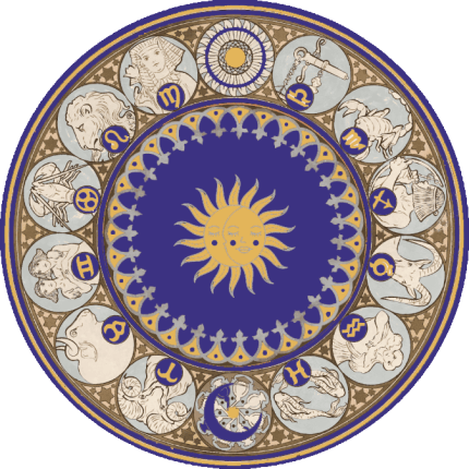 Astrological zodiac wheel with sun and moon symbols, featuring 12 star signs around a vibrant celestial design.